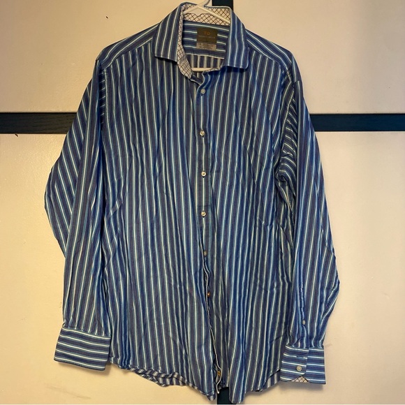 TD Thomas Dean Shirt Mens Size XL Button Front Blue Striped Collared - Picture 3 of 6